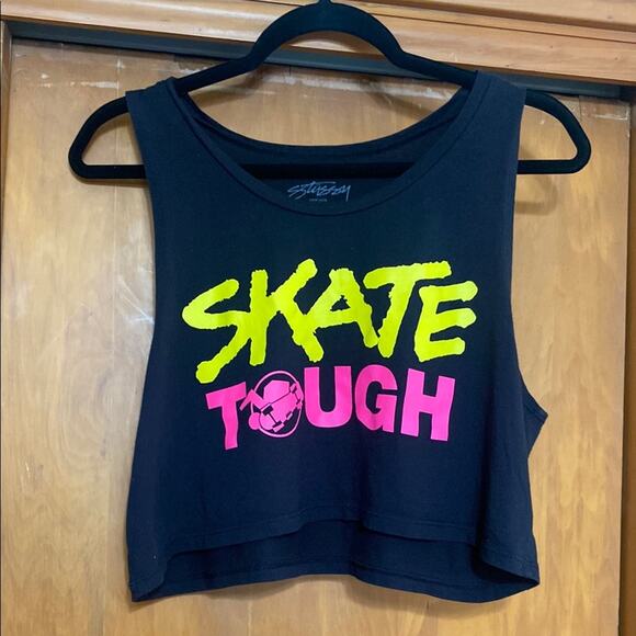 Stussy | Black Crop Top with Neon Yellow and Pink “Skate Tough” Print - Medium - Picture 1 of 4